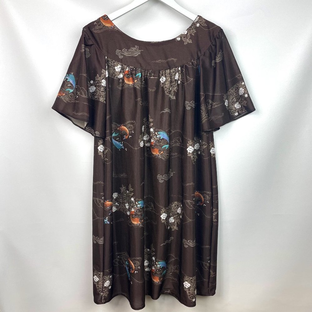 VTG 70s Women's Brown Floral Koi Babydoll Dress
